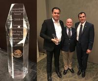 Gustavo Jimenez, Koh Young Regional Sales Manager, Ron Friedman Mexico EMS Editor, and Ramon Hernandez, Koh Young Sales Manager for Mexico and South America accepting the 2018 Mexico EMS Technology Award for the Best Process Control Software